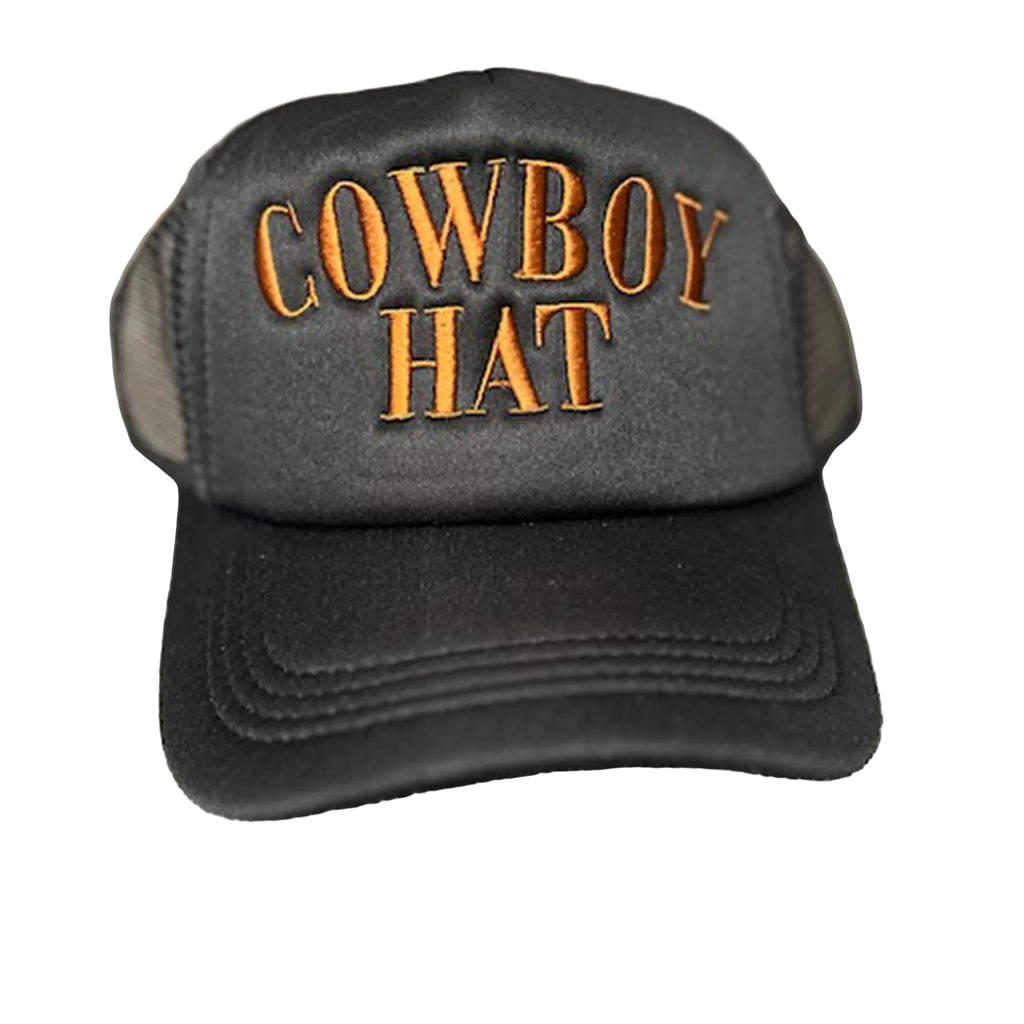 Black trucker hat with 'COWBOY HAT' text in brown