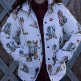 White quilted jacket with old fashioned boot graphics.