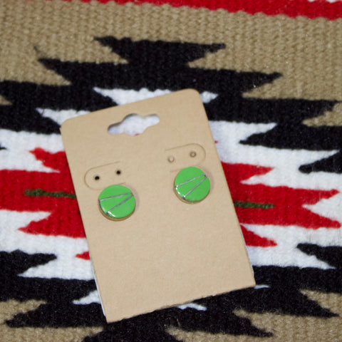 Green Circle Stud earrings with two silver lines going through them. 