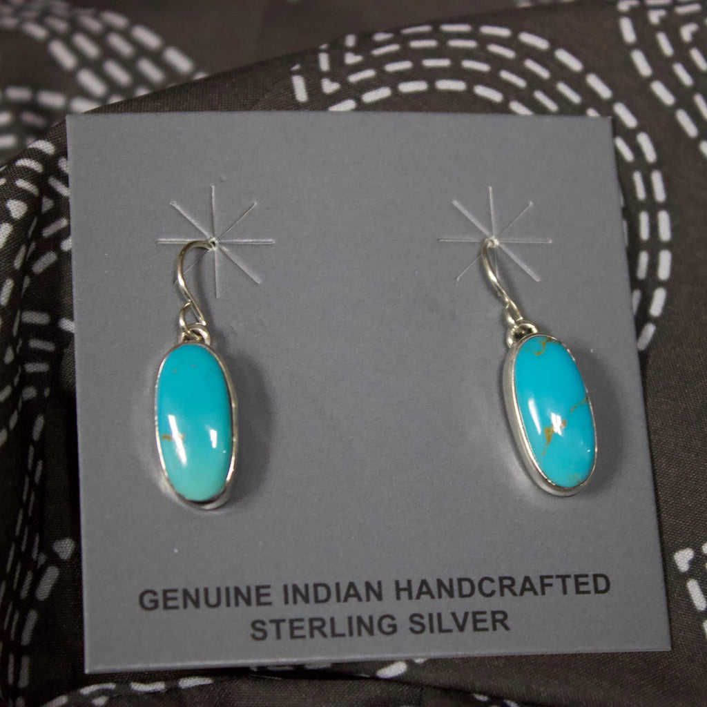 Kingman turquoise earrings that are oval shaped and have a hook attachment.