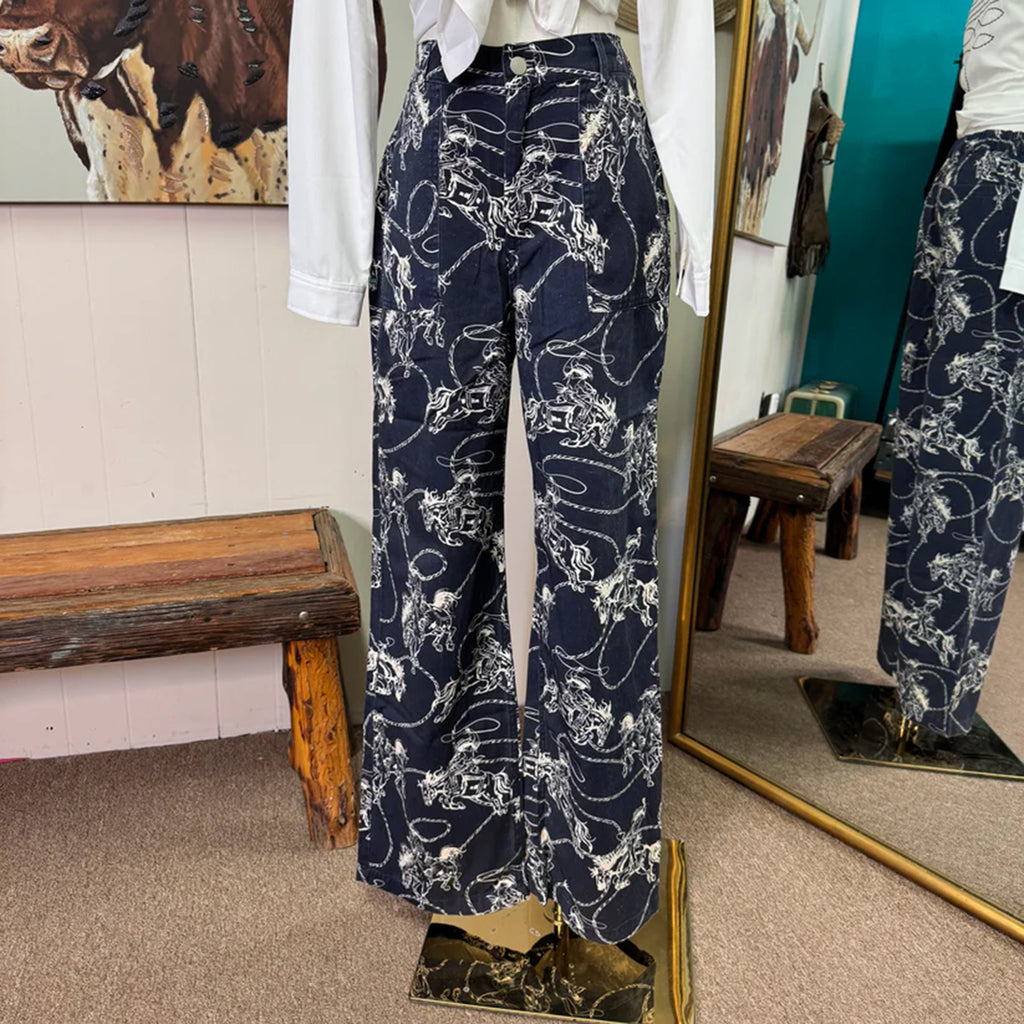 Navy blue and white cowboy printed wide leg trousers. 