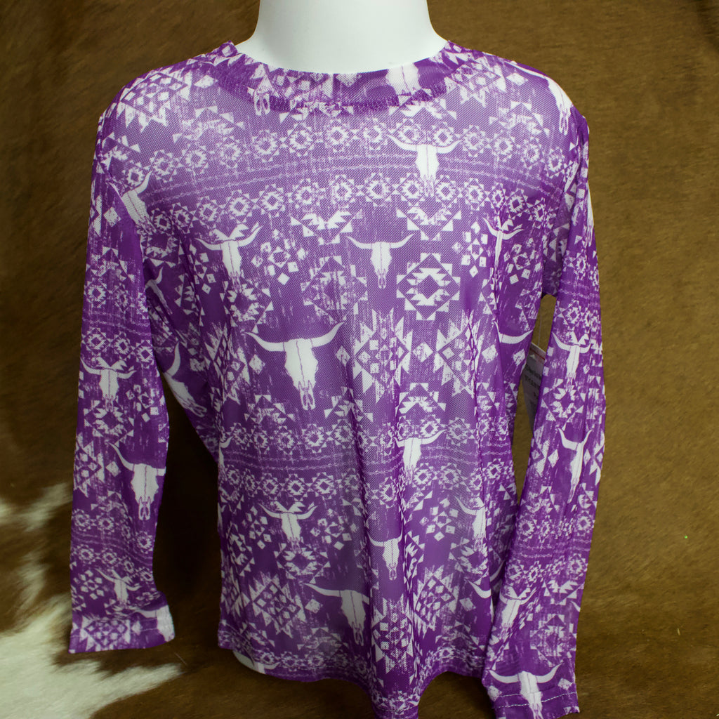 Mannequin is wearing purple mesh long sleeve with white Mayan skull prints. 