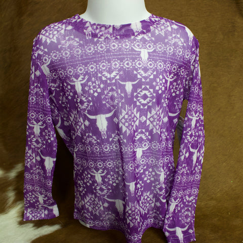 Mannequin is wearing purple mesh long sleeve with white Mayan skull prints. 