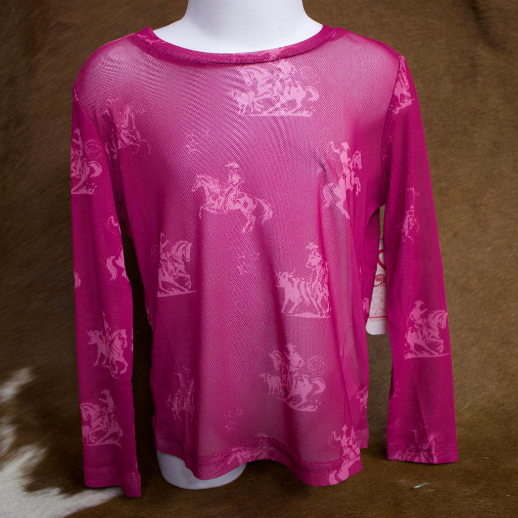 Mannequin wearing a hot pink mesh long sleeve shirt that has light pink desert bronc prints. 