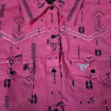 Close up view of the shirt, it has black pearl snap buttons and bold white stitching. 