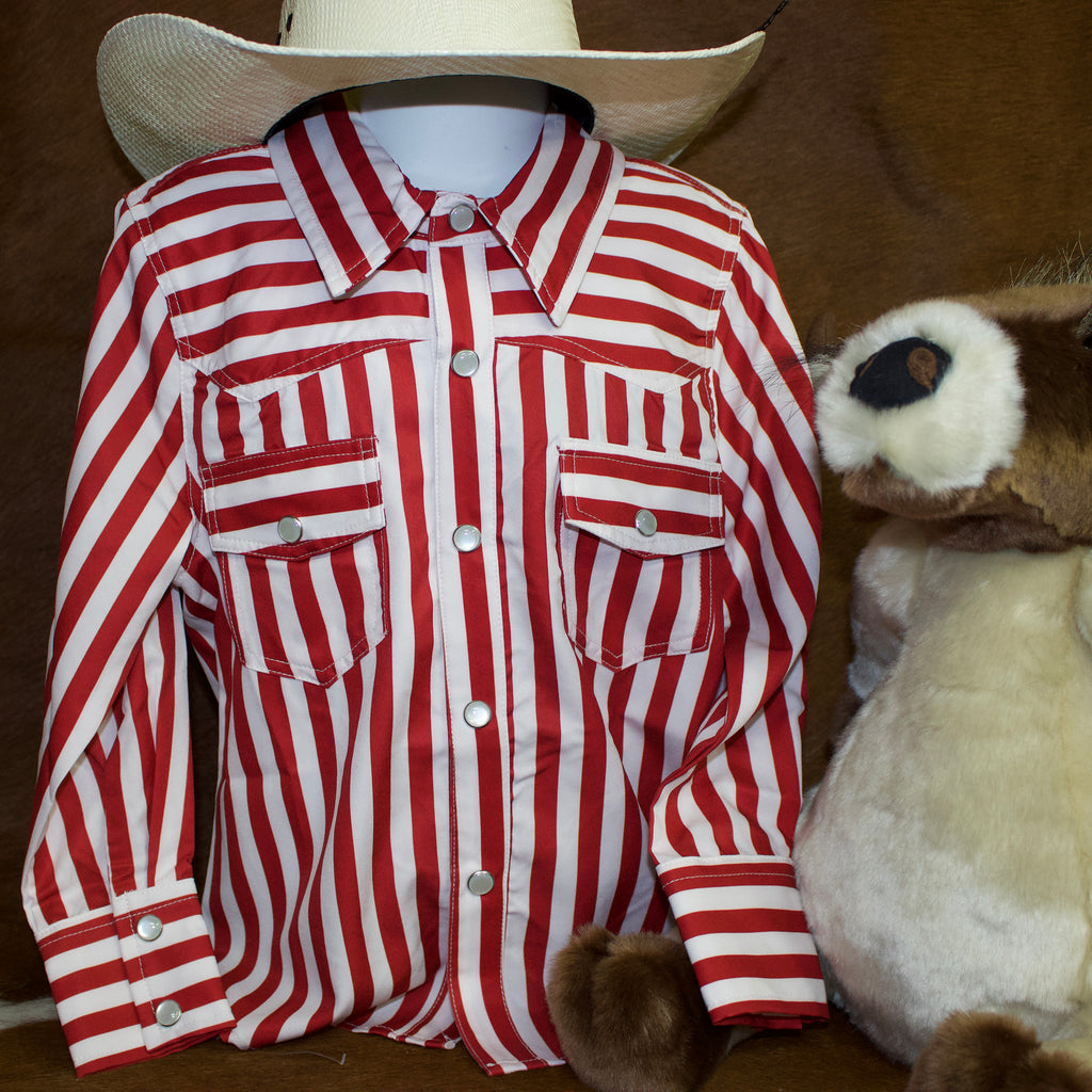 Youth mannequin wearing red and white striped long sleeve shirt with pearl snap closures down the front and on the cuffs.