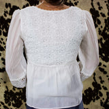 Back of the shirt, the lace detailing cover the top half of the shirt and the sheer is on the bottom half. Shoulders of the sleeve are puffed. 