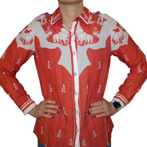 Red long sleeve collared button down shirt with white cacti prints on the lower arms and torso and white western cowboy prints from the shoulders up.