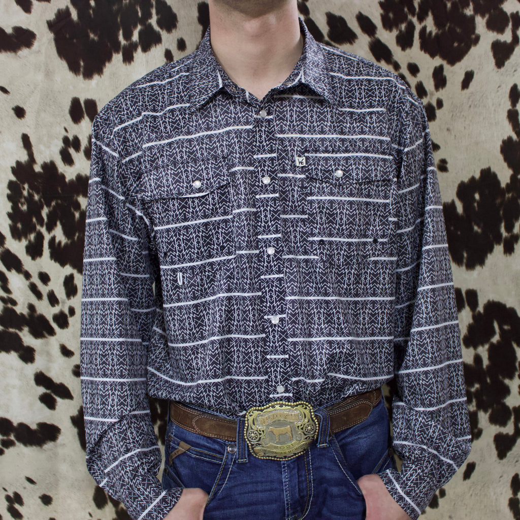 Black collared long sleeve pearl snap shirt with white Aztec print.