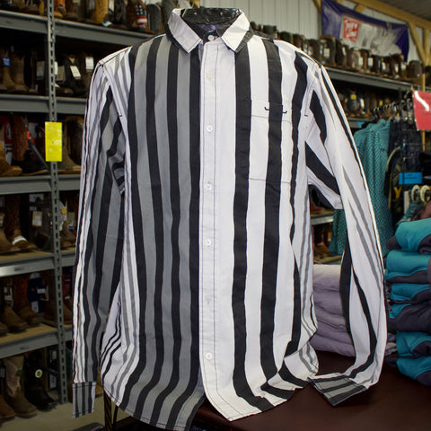 Long Sleeve button down shirt with black, grey, and white vertical stripes.