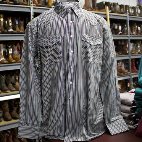Black long sleeve collared pearl snap shirt with grey stripes. 