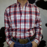 Red, white, and blue plaid button down shirt with two chest pockets and button down collar. 