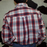 Back side view of the shirt, it has a pleated back western yoke. 