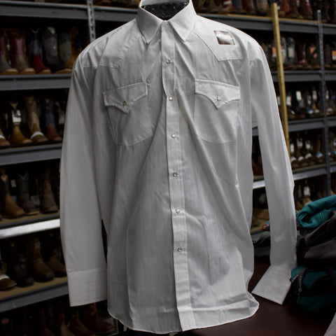 Men's long sleeve pearl snap button down shirt in white with white stripes. 