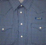 Close up view of the design, shirt features two chest pockets. 