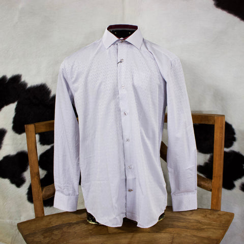 White long sleeve button down shirt that has a silver tone and maroon colored contrast cuffs and collar. 