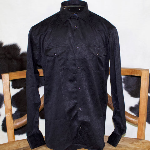 Black men's long sleeve pearl snap shirt with black toned paisley print. 