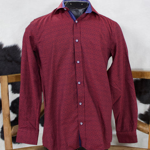 Burgundy long sleeve button down shirt with a diamond print and blue contrast collar and cuffs. 