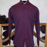 Wine colored long sleeve button down shirt with a white contrast collar and cuffs. 