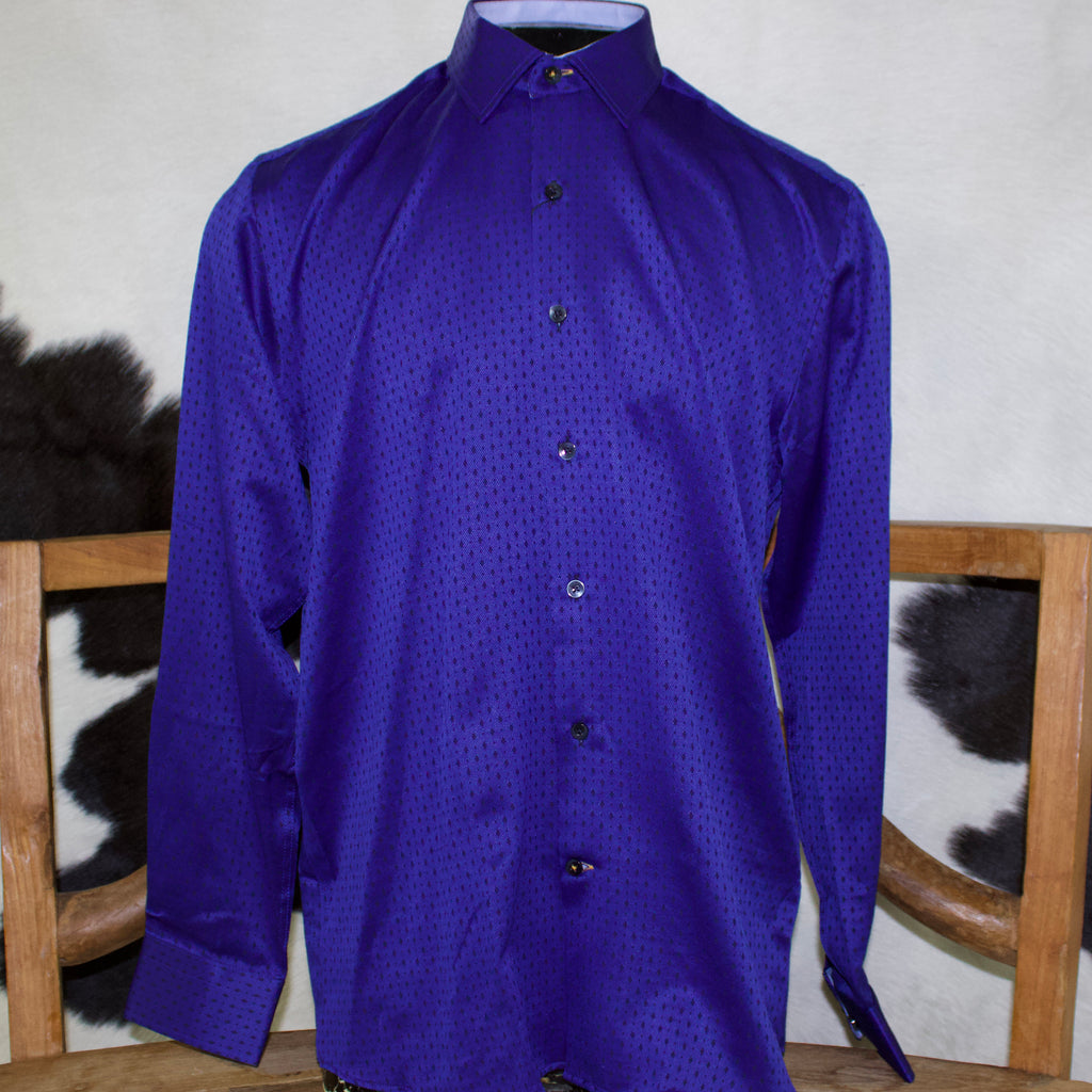 Royal blue long sleeve button down shirt with small black diamond print. Cuffs and collar have a light blue contrast fabric. 