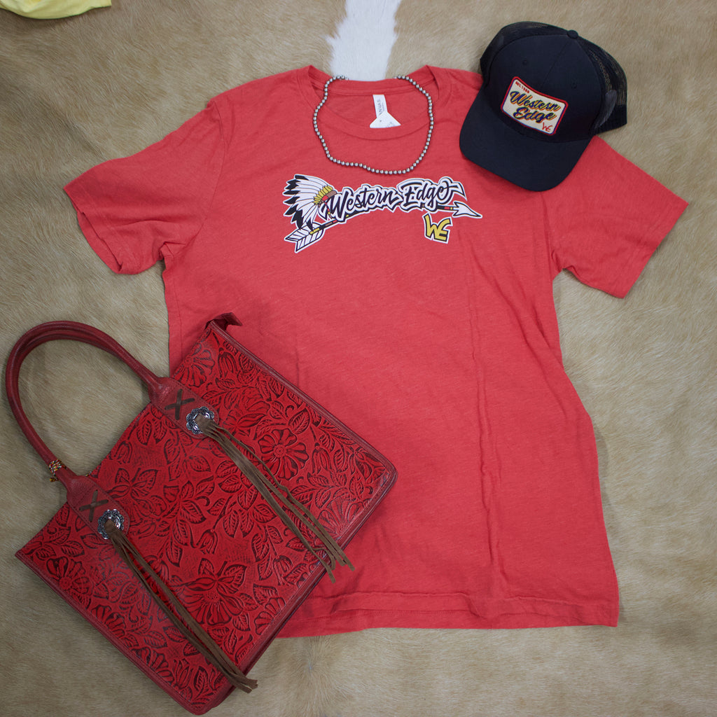 Flat lay of red Western Edge t-shirt with red purse, necklace, and hat. 