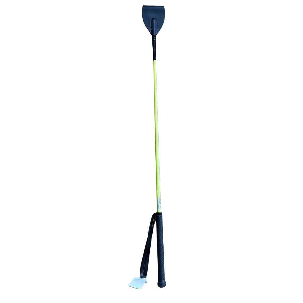 Vertical view of yellow crop whip with handle. 