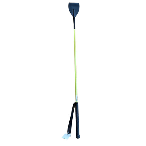 Vertical view of yellow crop whip with handle. 