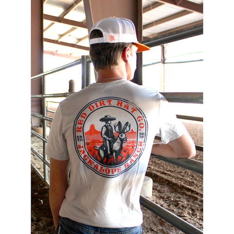 Red Dirt Jackalope Trail Tee in silver heather with RDH chest logo and bold Western trail graphic on back
