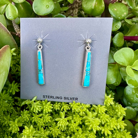 Sterling silver earrings with turquoise inlayed stones on a gray card, placed on green foliage.