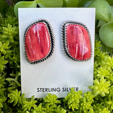 spiny oyster earrings on a white card with 'Sterling Silver' text, placed on green foliage.