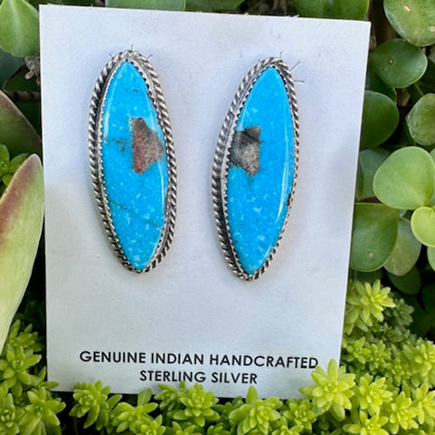 Turquoise earrings on a card with 'Genuine Indian Handcrafted Sterling Silver' text, placed on green foliage.