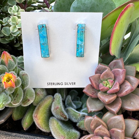 Turquoise bar earrings on a white card with 'Sterling Silver' text, surrounded by succulents.