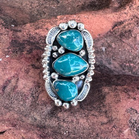 Turquoise stone ring with silver accents on a textured brown background