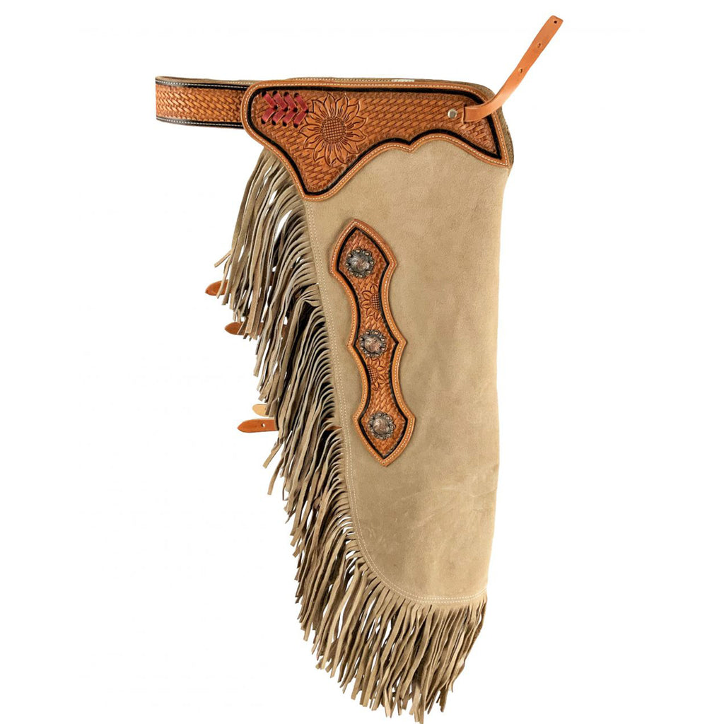 leather chinks with a sunflower tooled pattern