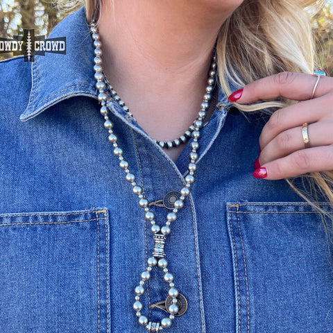 Full view of Mesa Moon Silver Pearl Loop Necklace 