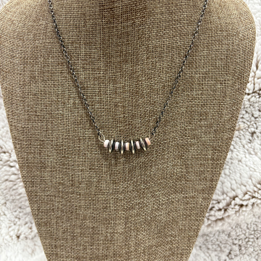 Necklace with alternating pink stones and Navajo pearl saucers 