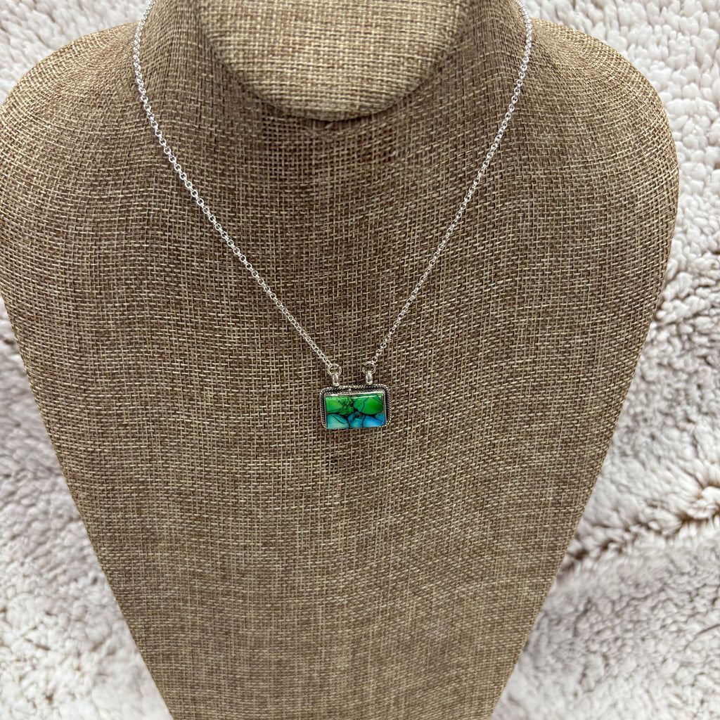 Sterling Silver chain with a small rectangular green and turquoise stone with gold accents necklace 