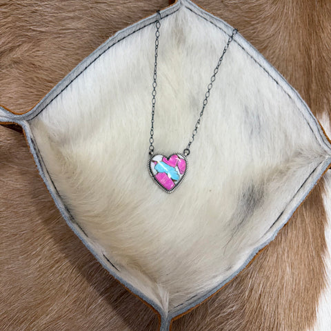 Sterling Silver necklace with large heart shaped cotton candy stone 