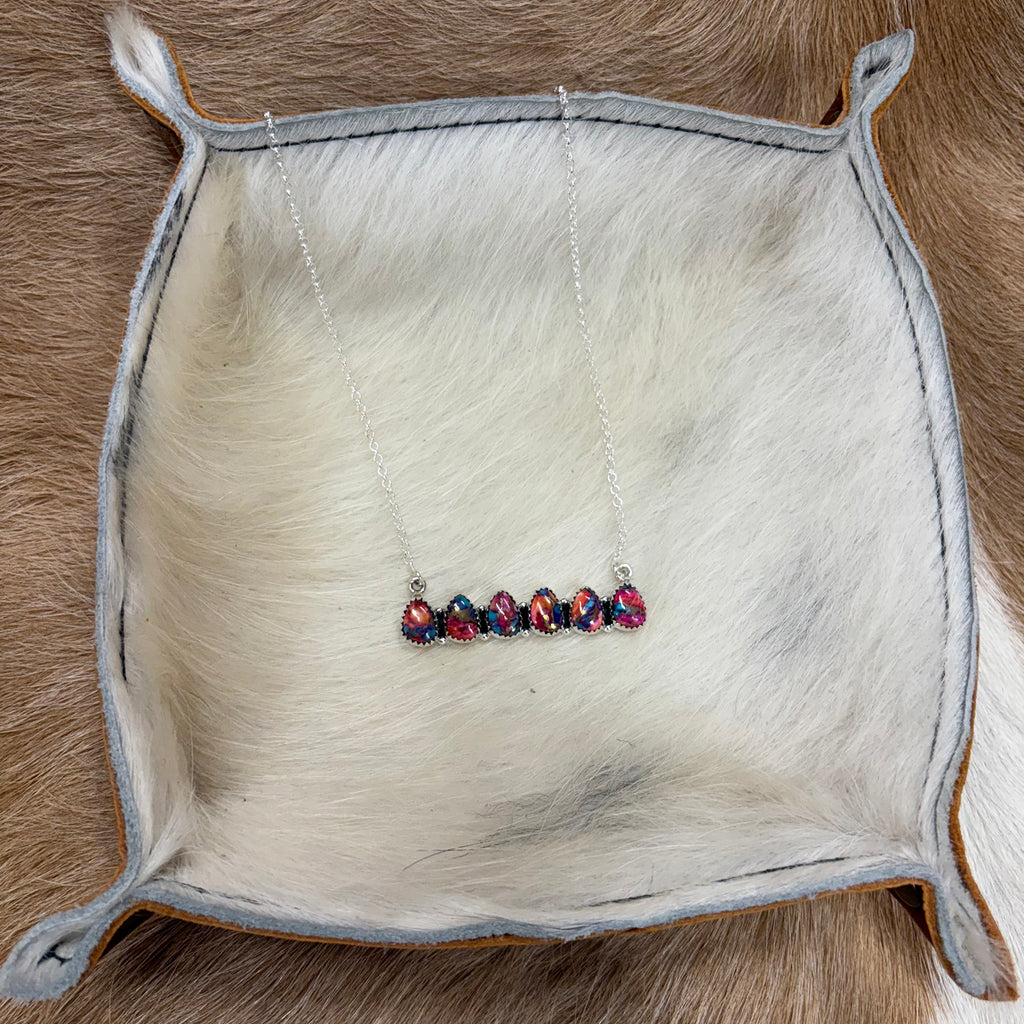 Sterling Silver chain bar necklace with 6 teardrop spiny dahlia stone 