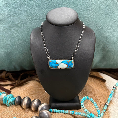 Long rectangular ice blue dahlia bar necklace 