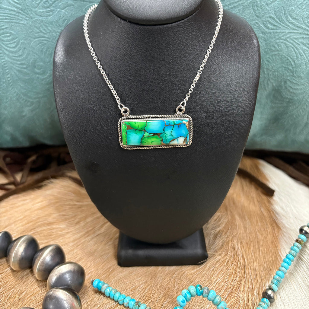 Necklace with Sterling silver chain and large rectangular peacock stone 