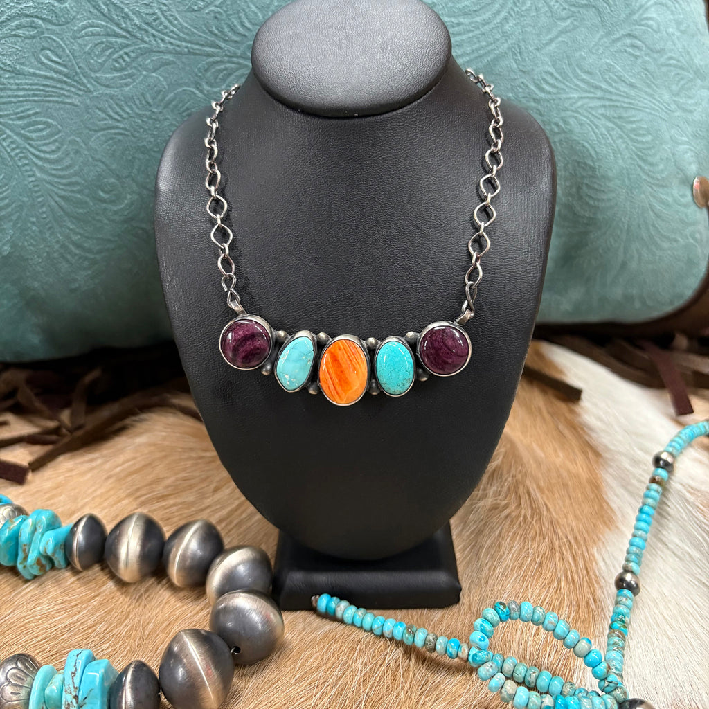 Handmade 5 multi stone necklace, purple, turquoise, orange turquoise, purple stone order 