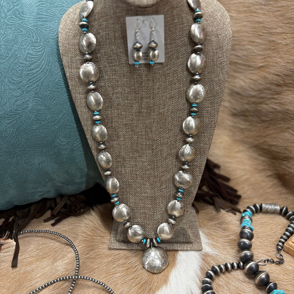 Large Navajo saucer stamped pearl necklace with turquoise necklace and earring set