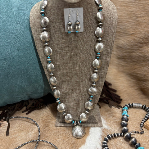 Large Navajo saucer stamped pearl necklace with turquoise necklace and earring set
