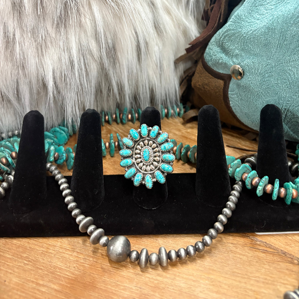 Large adjustable ring with small Kingman turquoise stone in the middle surrounded by small Kingman turquoise stones. 
