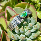 Silver cuff with a green, sonoran gold stone on a succulent plant