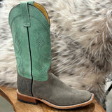 Single boot right angled with green/blue shaft and gray suede boot