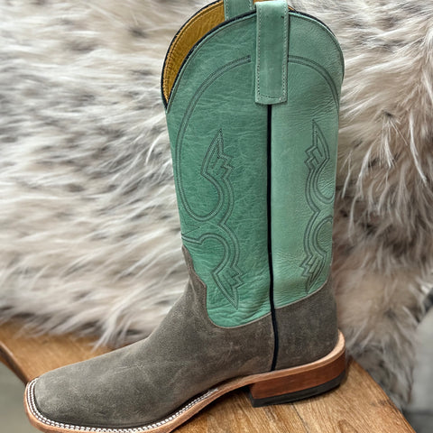 Single boot left angled with green/blue shaft and gray suede boot