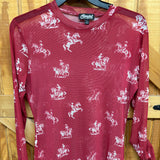 hanging picture of long sleeve red mesh top that has white desert bronc designs 