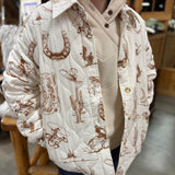 Cream Colored coat with retro faded brown designs such as horseshoe, cowboy boots, cactus, cowboys, and western terrain. Coat also has buttons and folding collar 